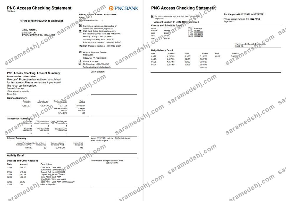 USA PNC bank statement, Word and PDF template, 2 pages